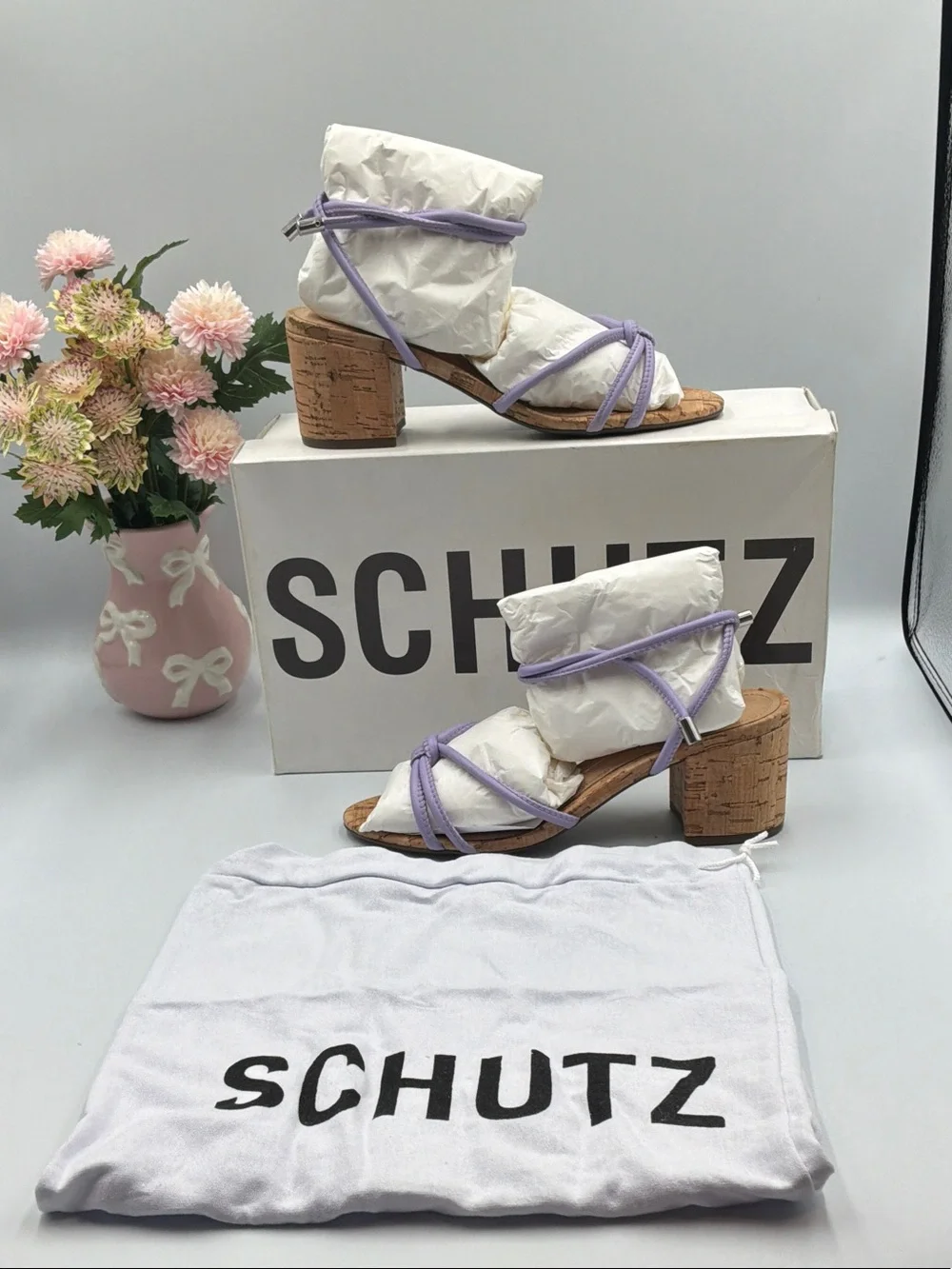 SCHUTZ Lavender Strappy Cork Block Heel Sandals